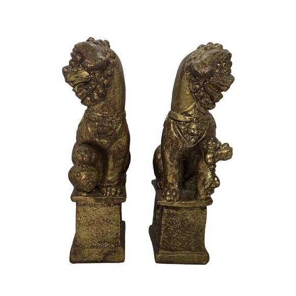 Vintage Brushed Gold Foo Dog Chinese Imperial Guardians Lion Bookends- A Pair - Picture 3 of 16